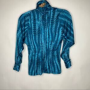 Vintage XS Blue Cinch Waist Blouse 80s 90s Glam Satin